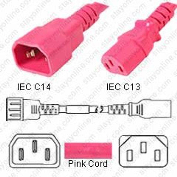 IEC320 C14 Male Plug to C13 Connector 1.8 meters / 6 feet 10A/250V 18/3 SJT Pink - Power Cord