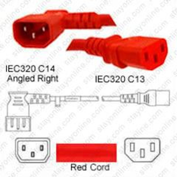 IEC320 C14 Male Plug Angled Left to C13 Connector 0.9 meters / 3 feet 10A/250V 18/3 SJT Red - Power Cord