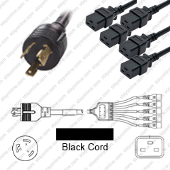 NEMA L6-30 Male Plug to 5 way IEC320 C19 Connectors 2.1 meters / 7 feet 20A/250V 10/3 & 12/3 SJT 24 inch legs Black - Splitter Power Cord