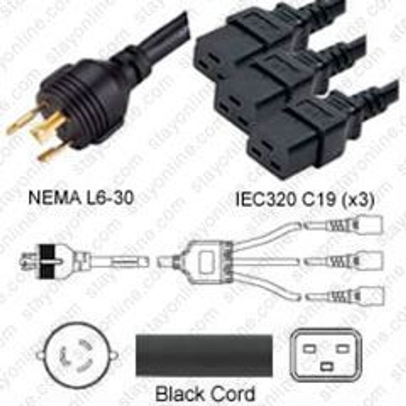 NEMA L6-30 Male Plug to 3 way IEC320 C19 Connectors 2.1 meters / 7 feet 20A/250V 10/3 & 12/3 SJT 24 inch legs Black - Splitter Power Cord