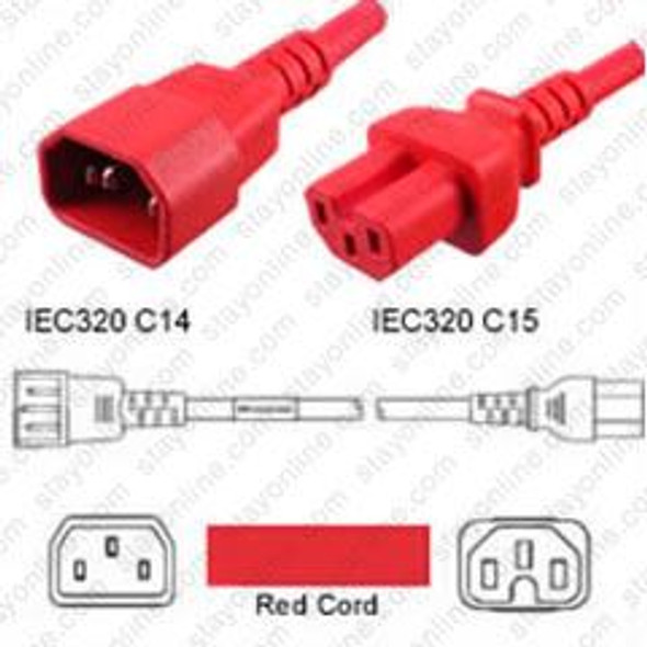 AC Custom Cord IEC 60320 C14 Plug to C15 Connector 3.5 Foot 15A/250V 14/3 SJT Red