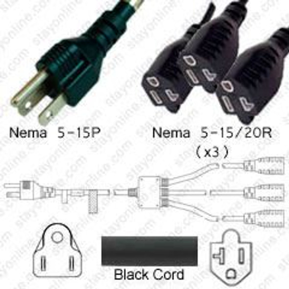 NEMA 5-15 Male Plug to 3 way 5-15 Connectors 1.8 meters / 6 feet 15A/125V 14/3 SJT 7 inch legs Black - Splitter Power Cord