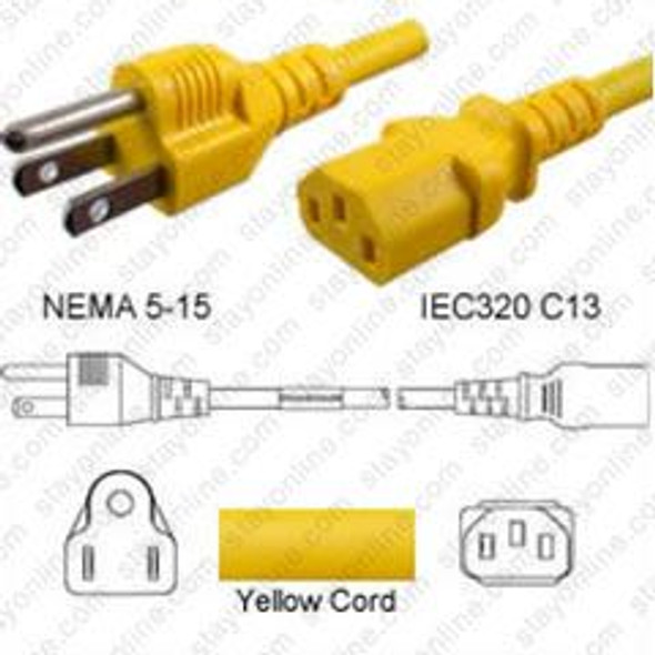 NEMA 5-15 Male Plug to IEC320 C13 Connector 1.8 meters / 6 feet 15A/125V 14/3 SJT Yellow - Power Cord
