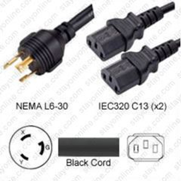 NEMA L6-30 Male Plug to 2 way IEC320 C13 Connectors 0.9 meters / 3 feet 15A/250V 10/3 & 14/3 SJT 24 inch legs Black - Splitter Power Cord