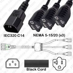 IEC320 C14 Male Plug to 3 way NEMA 5-20 Connectors 1.8 meters / 6 feet 15A/125V 14/3 SJT 12 inch legs Black - Splitter Power Cord