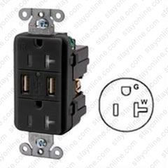 HUBBELL USB20X2BK AC Receptacle NEMA 5-20 Female Duplex with 2 USB Ports Black