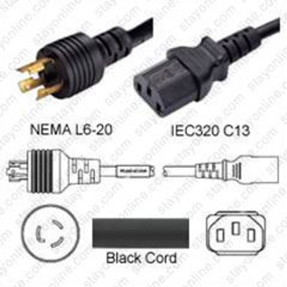 NEMA L6-20 Male Plug to IEC320 C13 Connector 2.5 meters / 8 feet 15A/250V 14/3 SJT Black - Power Cord