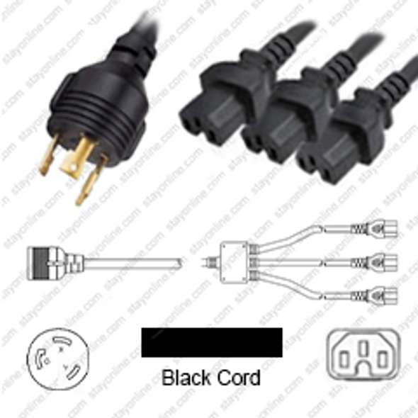 NEMA L6-30 Male Plug to 3 way IEC320 C15 Connectors 0.9 meters / 3 feet 15A/250V 12/3 & 14/3 SJT 24 inch legs Black - Splitter Power Cord
