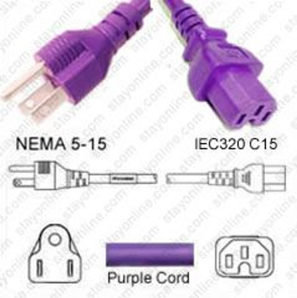 AC Custom Cord NEMA 5-15 Plug to IEC 60320 C15 Connector 5 Feet 15A/125V 14/3 SJT - Purple