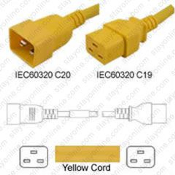 IEC320 C20 Male Plug to C19 Connector 4.5 meters / 15 feet 20A/250V 12/3 SJT Yellow - Power Cord