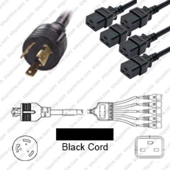 NEMA L6-30 Male Plug to 5 way IEC320 C19 Connectors 0.9 meters / 3 feet 20A/250V 10/3 & 12/3 SJT 24 inch legs Black - Splitter Power Cord