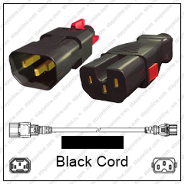 IEC320 C14 Male Plug to C15 Connector Z-LOCK 1.2 meters / 4' feet 15A/250V 14/3 SJT Black - Locking Power Cord