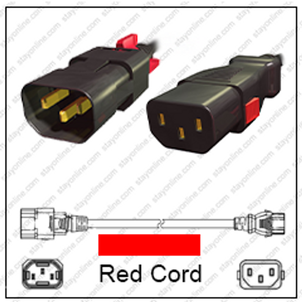 IEC320 C14 Male Plug to C13 Connector Z-LOCK 1.0 meters / 3.25 feet 10A/250V H05VV-F3G1.0 & 17/3 SJT Red - Locking Power Cord