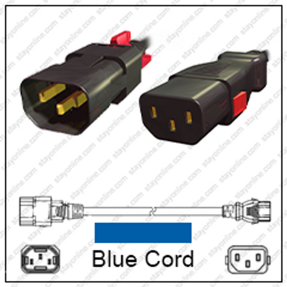 IEC320 C14 Male Plug to C13 Connector Z-LOCK 2.0 meters / 6.5 feet 10A/250V H05VV-F3G1.0 & 17/3 SJT Blue - Locking Power Cord