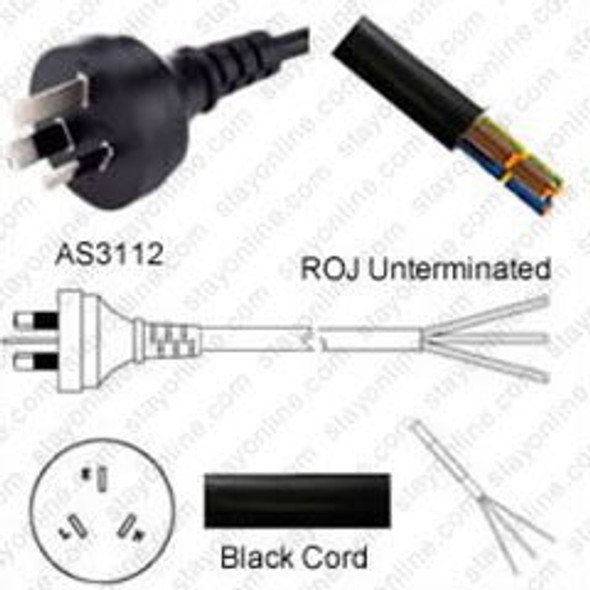 Australia AS3112 Male Plug to ROJ 2.5 meters / 8 feet 15A/250V H05VV-F3G1.5 Black - Country Power Supply Cord