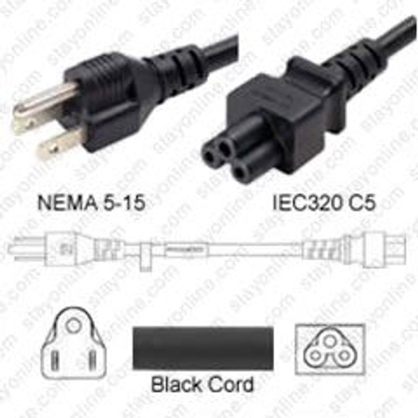 NEMA 5-15 Male Plug to IEC320 C5 Connector 1.8 meters / 6 feet 7A/125V 18/3 SPT-2 Black - Power Cord Hanked