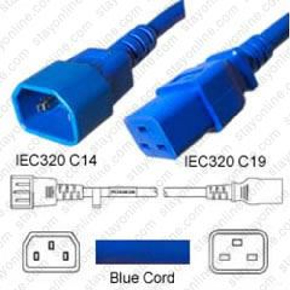 IEC320 C14 Male Plug to C19 Connector 1.5 meters / 5 feet 15A/250V 14/3 SJT Blue - Power Cord