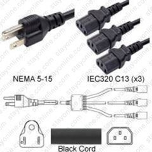 NEMA 5-15 Male Plug to 2 way IEC320 C13 Connectors 0.35 meters / 14 Inch 15A/125V 14/3 SJT 7 inch legs Black - Splitter Power Cord