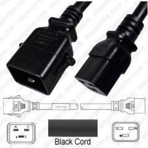 IEC320 C20 Male Plug to C19 Connector P-Lock 0.6 meters / 2 feet 20A/250V 12/3 SJT Black - Locking Power Cord