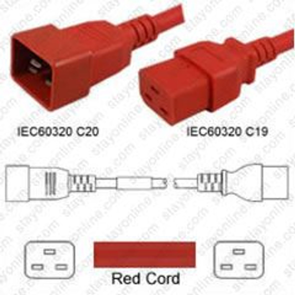 IEC320 C20 Male Plug to C19 Connector 0.6 meters / 2 feet 16A/250V H05VV-F3G1.5 & 15/3 SJT & HVCTF2.0 Red - Power Cord