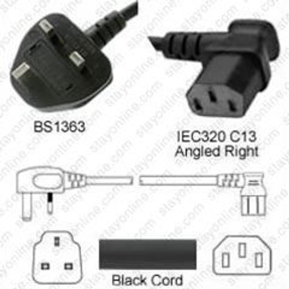 Gulf States Male Plug Angled Down to IEC320 C13 Connector Angled Right 2.0 meters / 6.5 feet 10A/250V H05VV-F3G1.0 Black - Country Power Cord