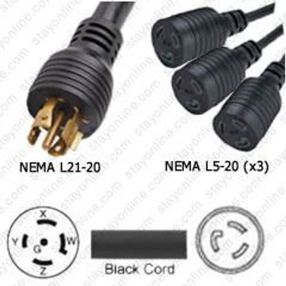 NEMA L21-20 Male Plug to 3 way L5-20 Connectors 0.8 meters / 2.5 feet 20A/120V 10/5 & 12/3 SOOW 24 inch legs Black - Splitter Power Cord