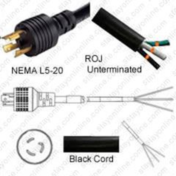NEMA L5-20 Male Plug to ROJ 1.8 meters / 6 feet 20A/125V 12/3 SJT Black - Power Supply Cord