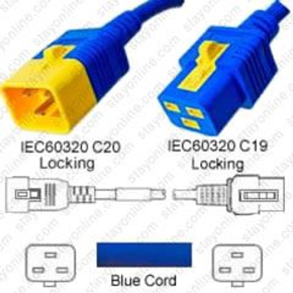 IEC320 C20 Male Plug to C19 Connector V-Lock 1.2 meters / 4 feet 16A/250V H05VV-F3G1.5 & 14/3 SJT Blue - Locking Power Cord