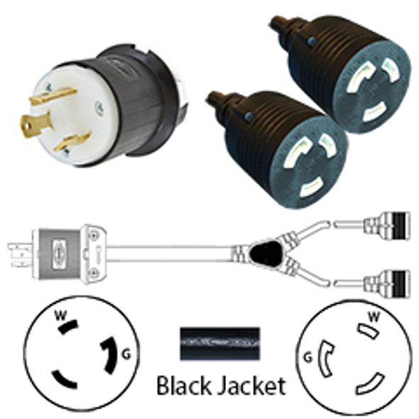 NEMA L5-30 Male Plug to 2 way L5-30 Connectors 1.0 meters / 3.25 feet 30A/125V 10/3 SJT 24 inch legs Black - Splitter Power Cord
