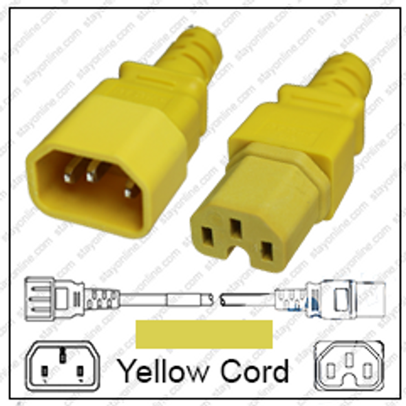 IEC320 C14 Male Plug to C15 Connector 0.9 meters / 3 feet 15A/250V 14/3 SJT Yellow - Power Cord