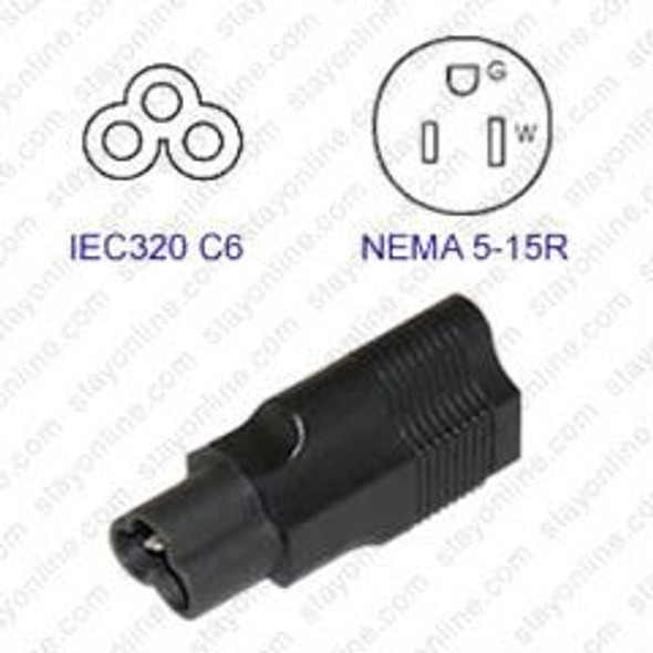 IEC320 C6 Male Plug to NEMA 5-15 Connector - Block Plug Adapter