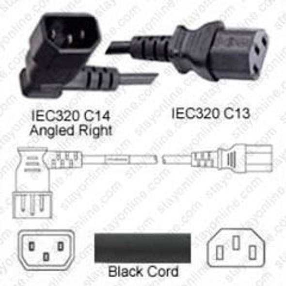 IEC320 C14 Male Plug Angled Right to C13 Connector 0.6 meters / 2 feet 15A/250V 14/3 SJT Black - Power Cord