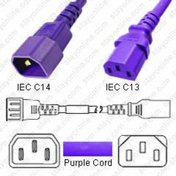 IEC320 C14 Male Plug to C13 Connector 3.7 meters / 12 feet 10A/250V 18/3 SJT Purple - Power Cord