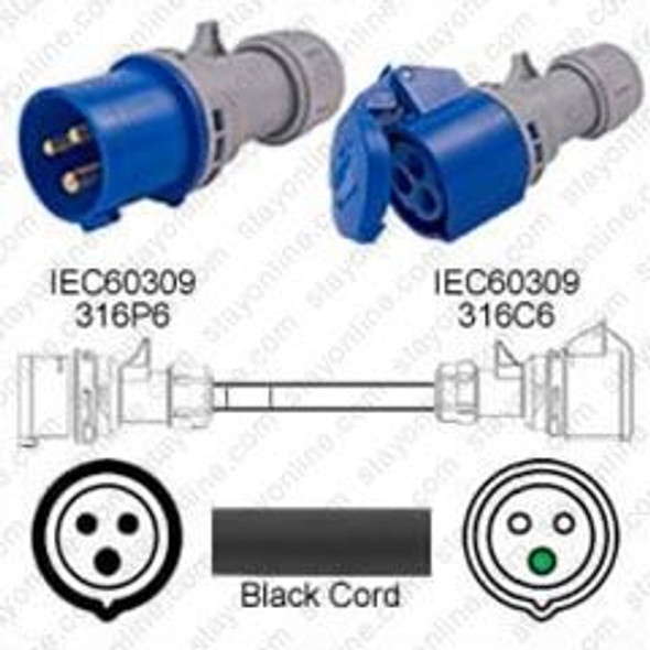 IEC60309 316P6 Male Plug to 316C6 Connector 3.0 meters / 10 feet 16A/250V H05VV-F3G1.5 Black - Power Extension Cord