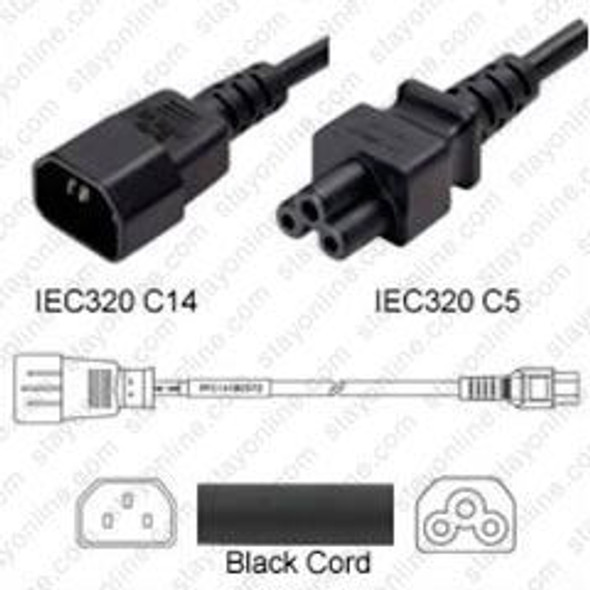 IEC320 C14 Male Plug to C5 Connector 1.0 meters / 3.25 feet 2.5A/250V H05VV-F3G.75 Black - Power Cord