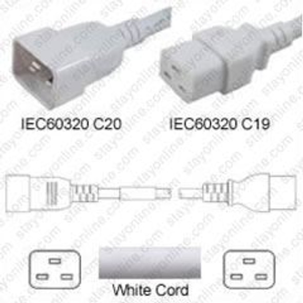 IEC320 C20 Male Plug to C19 Connector 4.5 meters / 15 feet 20A/250V 12/3 SJT White - Power Cord