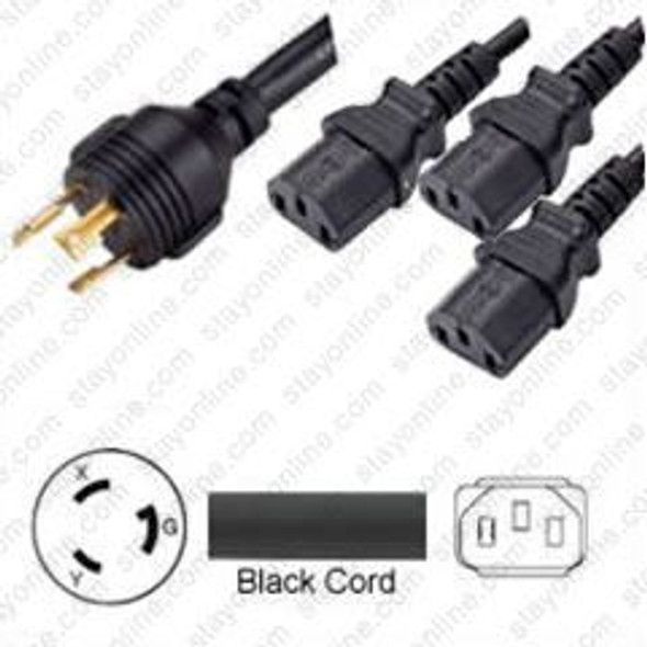 NEMA L6-30 Male Plug to 3 way IEC320 C13 Connectors 1.5 meters / 5 feet 15A/250V 10/3 & 14/3 SJT 24 inch legs Black - Splitter Power Cord