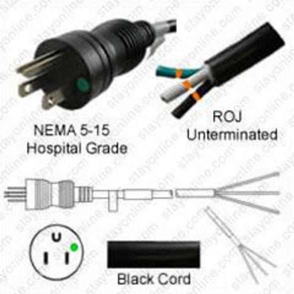 AC Power Cord NEMA 5-15 Plug to ROJ 6 Feet 15A/125V 14/3 SJT - Hospital Grade