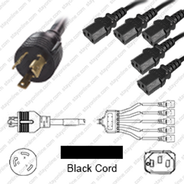 NEMA L6-30 Male Plug to 5 way IEC320 C13 Connectors 2.1 meters / 7 feet 15A/250V 12/3 & 14/3 SJT 24 inch legs Black - Splitter Power Cord