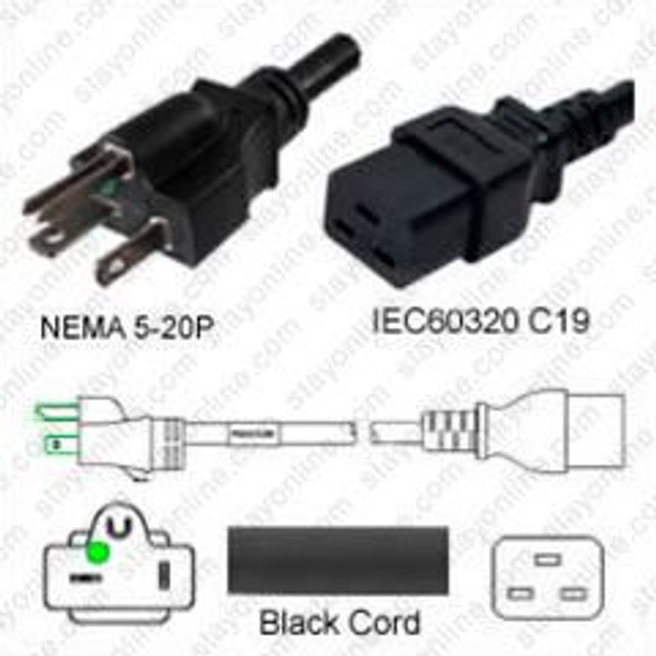 NEMA 5-20 Male Plug to IEC320 C19 Connector Shielded 4.5 meters / 15 feet 20A/125V 12/3 SJT Black - Hospital Grade Power Cord