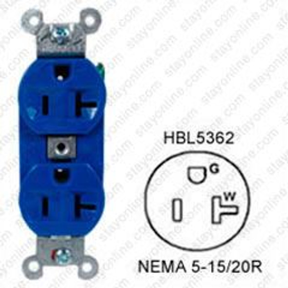 HUBBELL 5362BL AC Receptacle NEMA 5-15/20 Female Duplex Construction Grade Blue