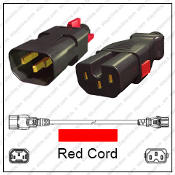 IEC320 C14 Male Plug to C15 Connector Z-LOCK 2.5 meters / 8 feet 15A/250V 14/3 SJT Red - Locking Power Cord