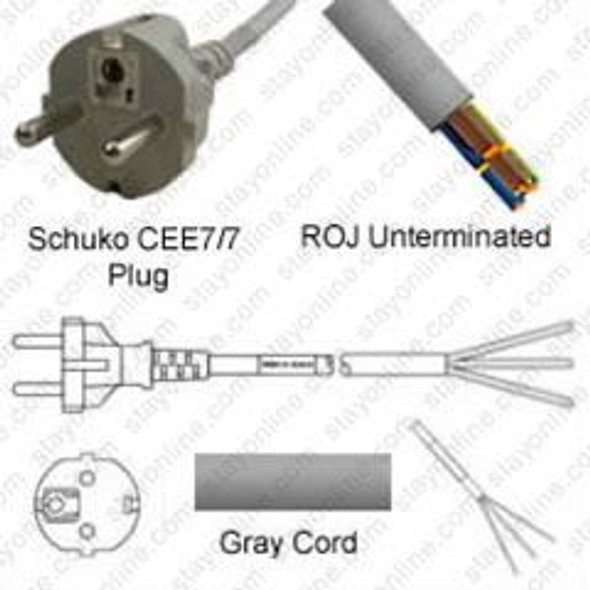 Schuko CEE7/7 Male Plug to ROJ 2.5 meters / 8 feet 10A/250V H05VV-F3G1.0 Gray - Country Power Supply Cord