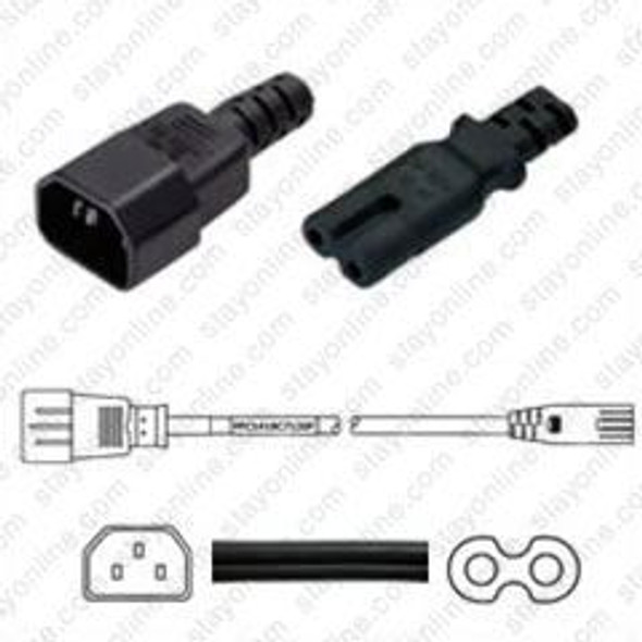 IEC320 C14 Male Plug to C7 Connector 0.9 meters / 3 feet 7A/125V 18/2 SPT-2 Black - Power Cord