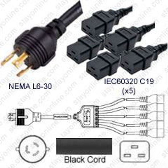 NEMA L6-30 Male Plug to 5 way IEC320 C19 Connectors 3.0 meters / 10 feet 20A/250V 10/3 & 12/3 SJT 24 inch legs Black - Splitter Power Cord