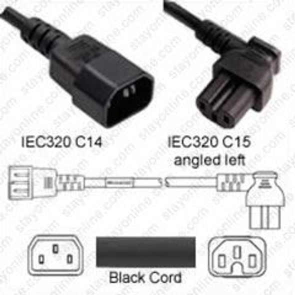 IEC320 C14 Male Plug to C15 Connector Angled Left 0.9 meters / 3 feet 10A/250V 18/3 SJT Black - Power Cord