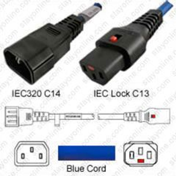 IEC320 C14 Male Plug to C13 Connector IEC-Lock 0.9 meters / 3 feet 10A/250V 18/3 SJT Blue - Locking Power Cord