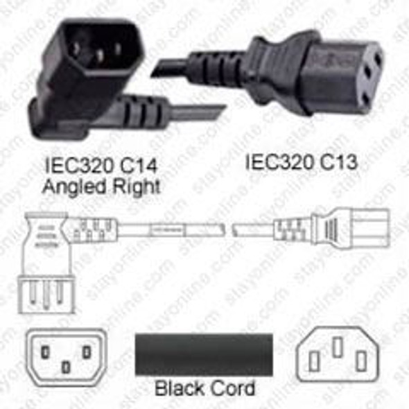 IEC320 C14 Male Plug Angled Right to C13 Connector 0.3 meters / 1 foot 15A/250V 14/3 SJT Black - Power Cord