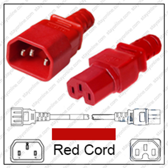 IEC320 C14 Male Plug to C15 Connector 1.2 meters / 4 feet 15A/250V 14/3 SJT Red - Power Cord