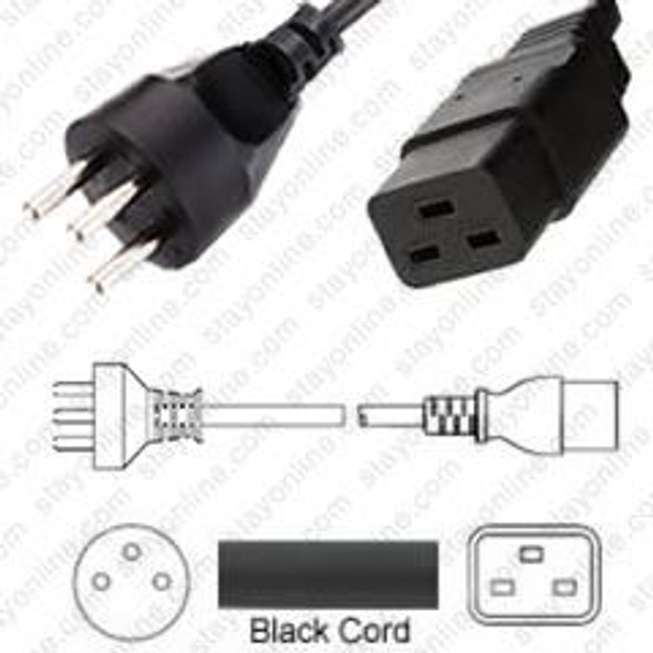 Israel SI32 Male Plug to IEC320 C19 Connector 3.0 meters / 10 feet 16A/250V H05VV-F3G1.5 Black - Country Power Cord